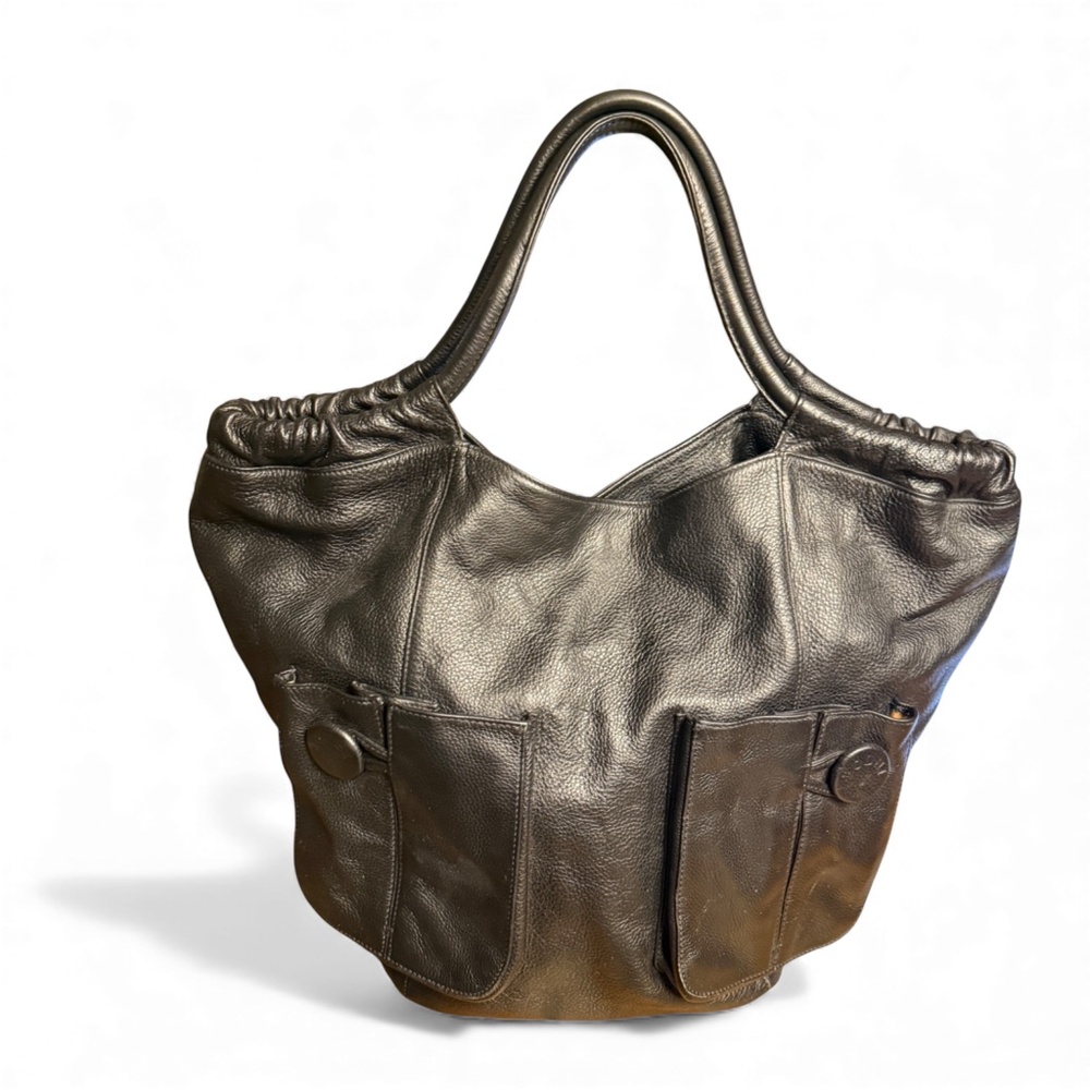 Vintage Bodhi Black Pebbled Leather Bucket Shoulder Bag with Front Pockets